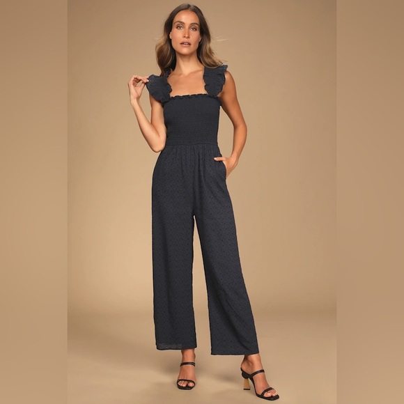 Lulus Pants - New lulus Easy Loving Navy Blue Eyelet Lace Wide-Leg Jumpsuit size small